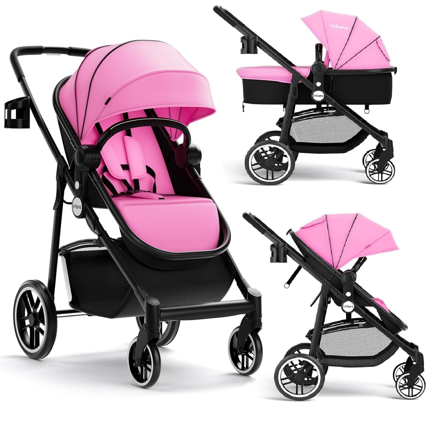 INFANS 2 in 1 Baby Stroller, High Landscape Infant Stroller & Reversible Bassinet Pram, Foldable Pushchair with Adjustable Canopy, Storage Basket, Cup Holder, Suspension Wheels (Black)