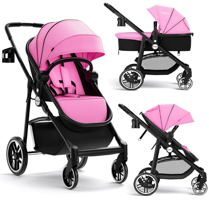 INFANS 2 in 1 Baby Stroller, High Landscape Infant Stroller & Reversible Bassinet Pram, Foldable Pushchair with Adjustable Canopy, Storage Basket, Cup Holder, Suspension Wheels (Black)
