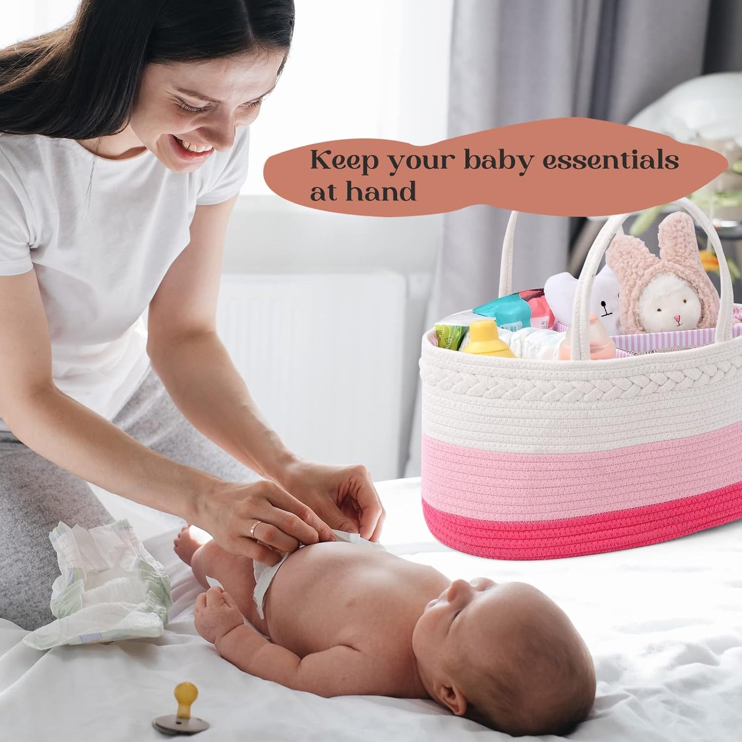 luxury little Diaper Caddy Organizer, Large Cotton Rope Nursery Baby Basket, Changing Table Organizer for Baby Diaper Storage, Portable Car Organizer Removable Divider (Off White, Large)