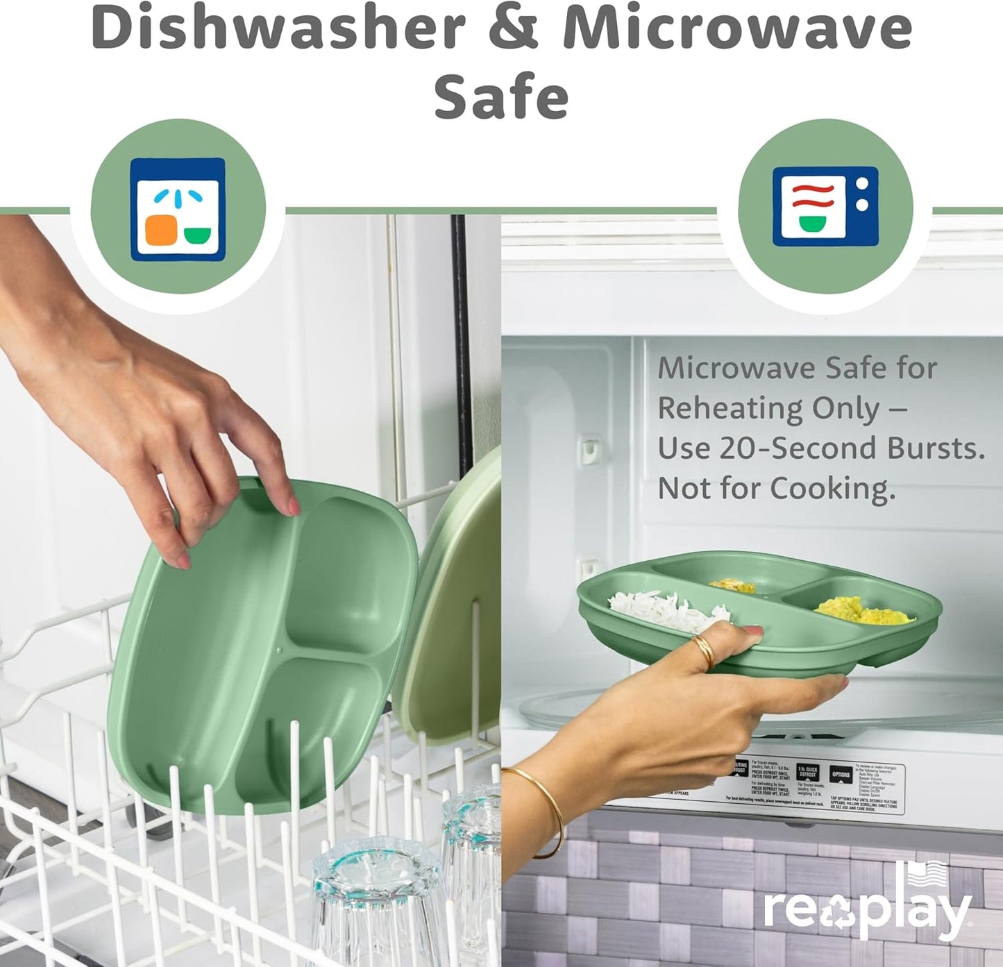 Re-Play Toddler Plates with Dividers - Deep-Walled 3 Compartments Divided Plates for Kids - Dishwasher & Microwave Safe - Made in USA - Set of 3-7.37" x 7.37" x 1.25" - Beach Baby