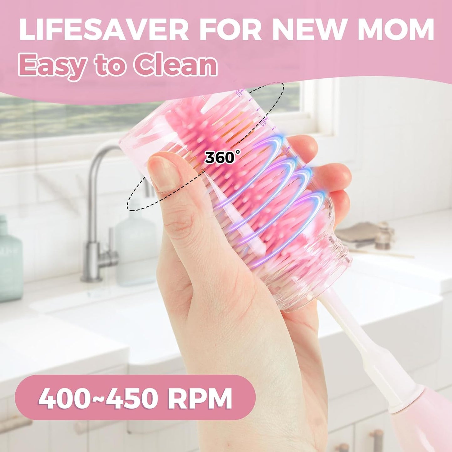 Electric Bottle Brush Cleaner,Rechargable Electric Baby Bottle Brush Cleaner with Thermometer,Silicone Bottle/Nipple/Straw Brush,Drying Rack,Travel Bottle Cleaner Kit for New Moms (Pink)