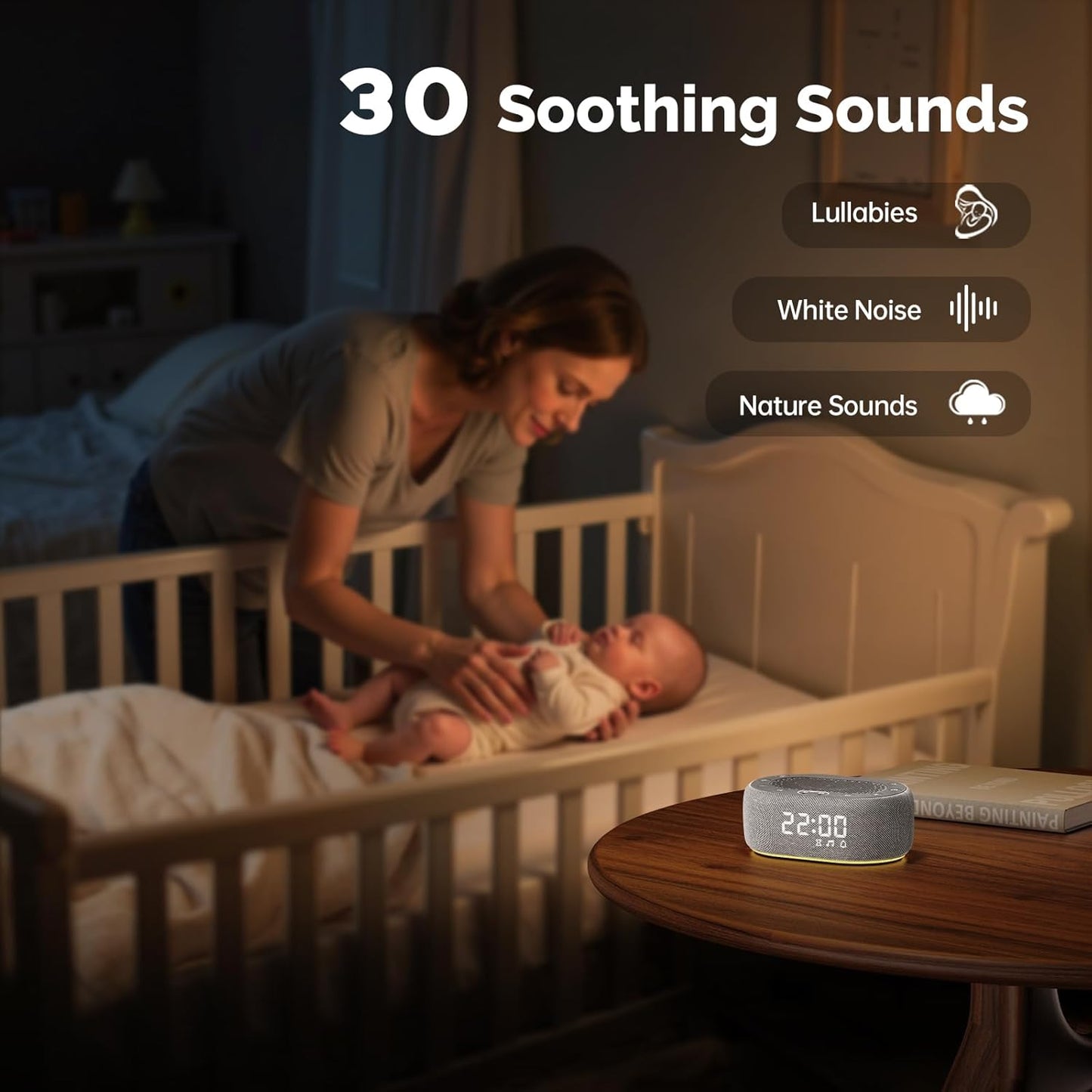 1Mii White Noise Sound Machine with Alarm Clock, Sound Machine for Sleep for Adults Baby, 30 Soothing Sounds, Smart App Controlled, Dimmable 7-Color Night Light, Sleeping Timer, 30 Volume Levels
