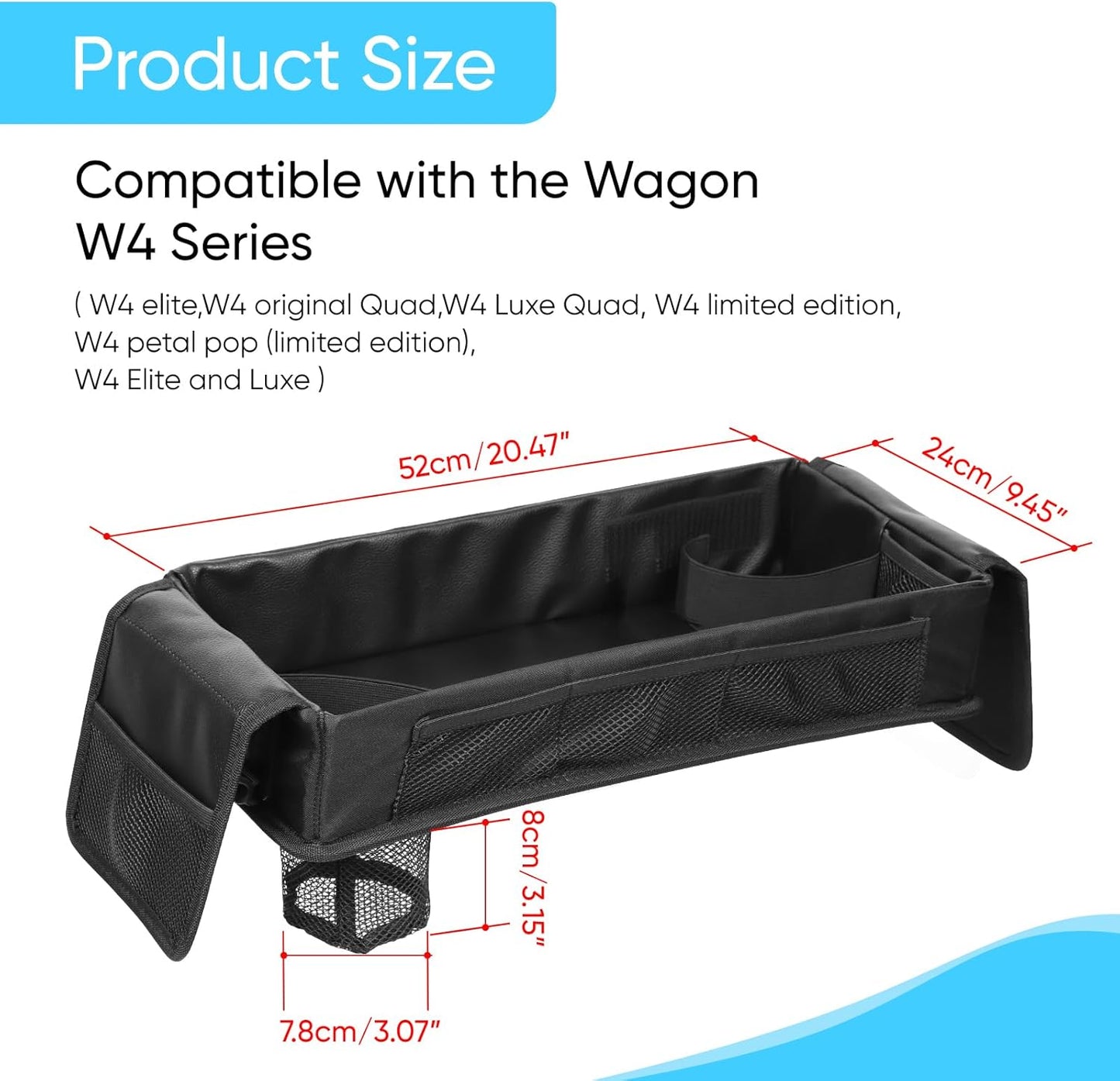 Stroller Snack Tray with Anti-Falling Bottle Holders for Wonderfold Wagon,Waterproof Faux Leather Interior,Easy to Install and Remove( W1,W2)