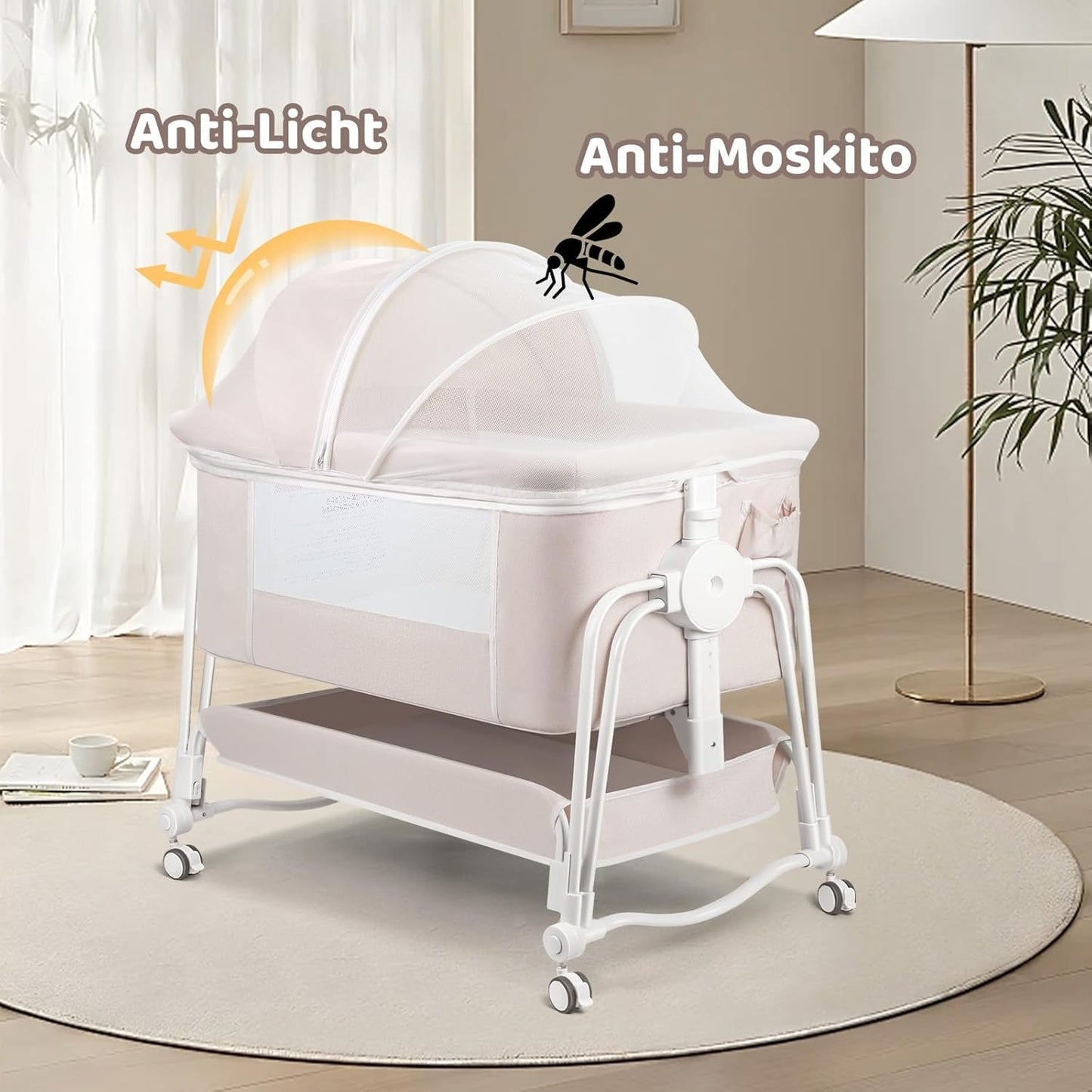 suihuooo 4 in 1 Baby Bassinet Bedside Sleeper, Rocking Baby Crib with Lockable Wheels, Storage, Mosquito Net and Matress Included, 7 Level Adjustable Bedside Bassinet for Baby Newborn (Cream)