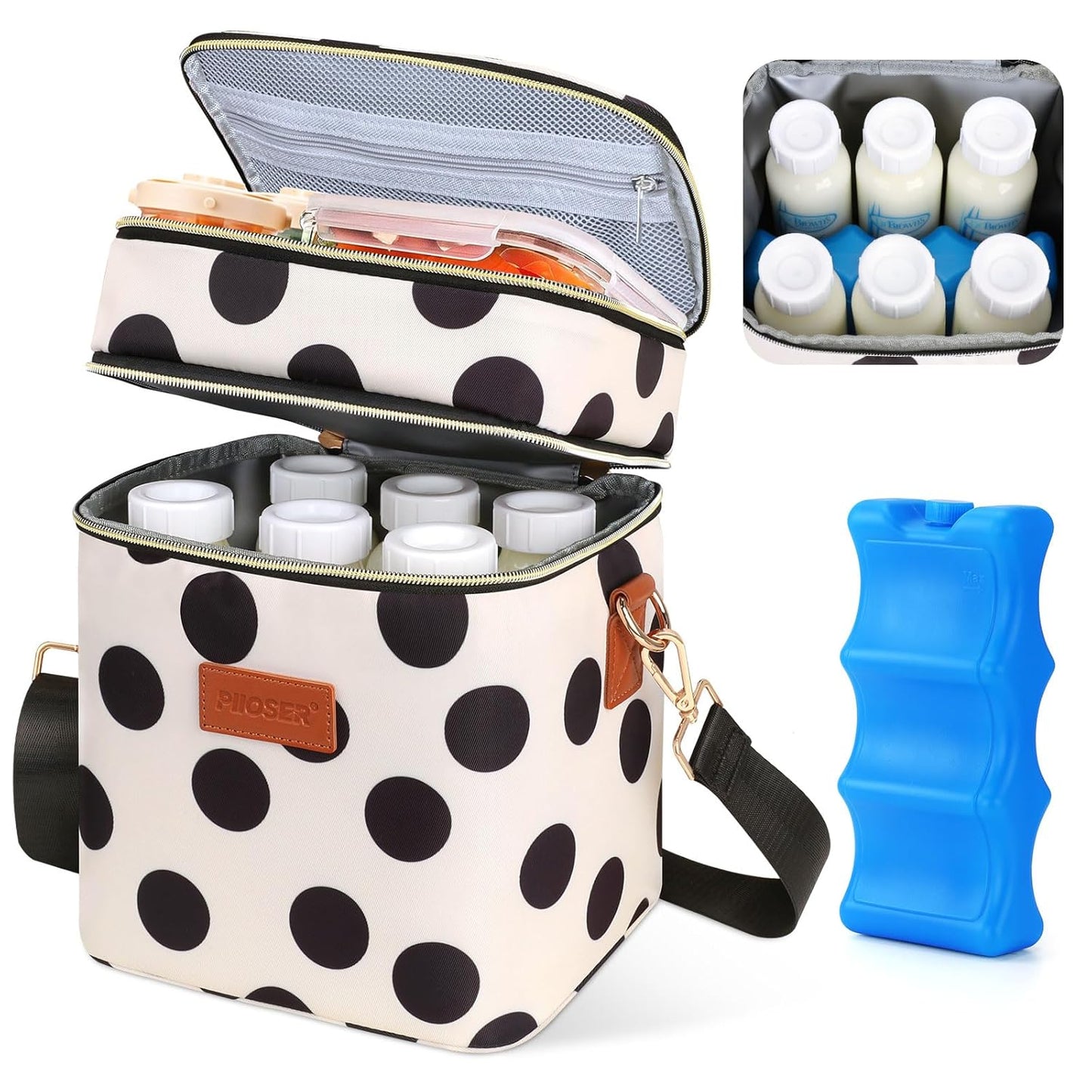 PIIOSER Breastmilk Cooler Bag with Ice Pack Fits 6 Baby Bottles Up to 9 Ounce, Insulated Baby Bottle Tote Bags, Double Layer Waterproof Leak-Proof with Shoulder Strap for Nursing & Working Mom (Grey)
