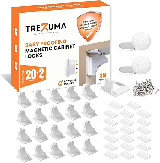Magnetic Cabinet Locks Baby Proofing (20 Locks + 2 Keys) – Child Proof Cabinet Locks with Easy Adhesive Installation – Child Safety Locks for Kitchen, Cabinets & Drawers with Optional Screws