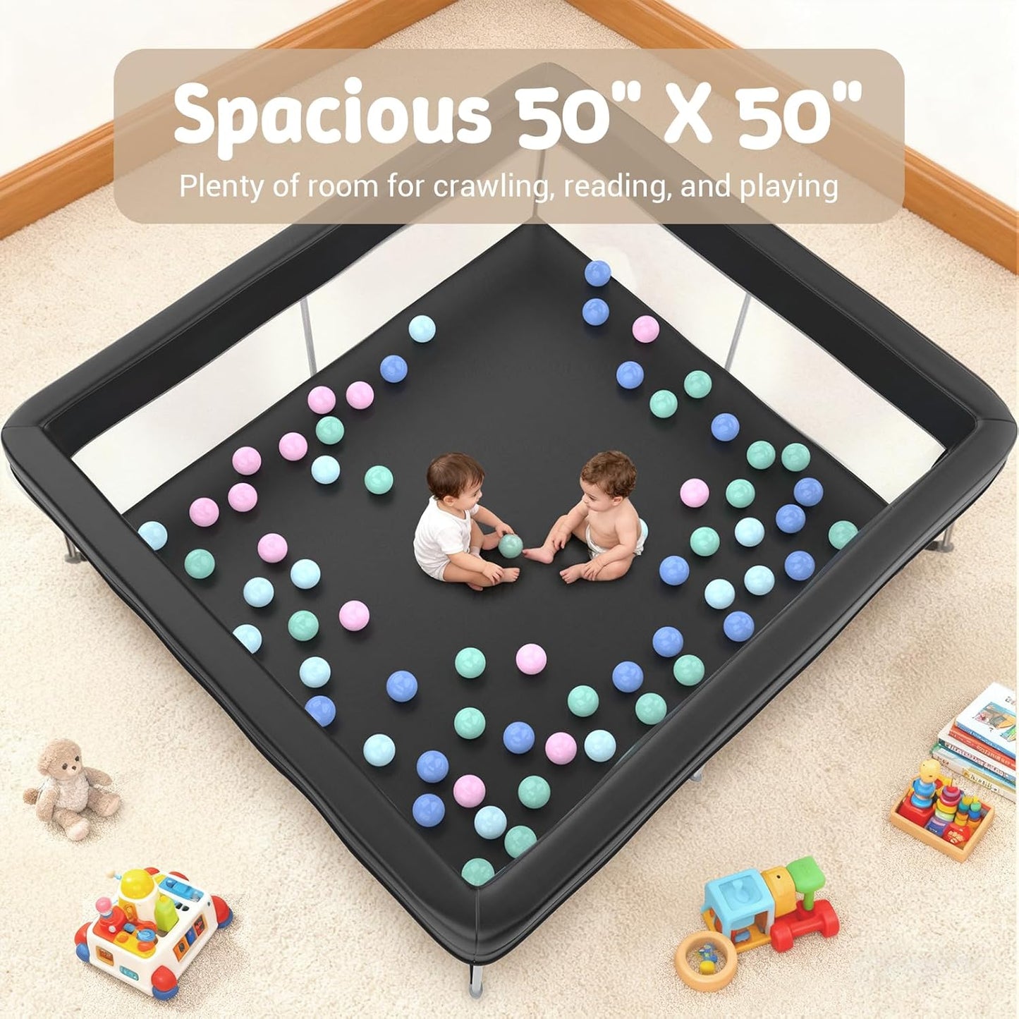 Foldable Baby Playpen, 50"×50" Collapsible Play Yard for Babies and Toddlers, No Assembly Required, Kids Safety Play Area with 4 Handles, 50 Balls and Visible Mesh, Black