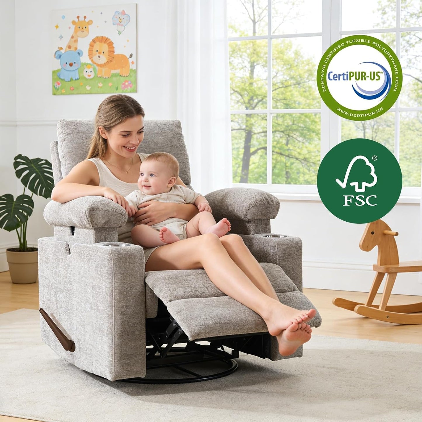 Rocking Chair Nursery with Adjustable Armrest for Breastfeeding, Glider Recliner Nursery Chair with Massage and Heat, Power Swivel Rocker Recliner with Adjustable Headrest, Corduroy, Beige