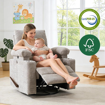 Rocking Chair Nursery with Adjustable Armrest for Breastfeeding, Glider Recliner Nursery Chair with Massage and Heat, Power Swivel Rocker Recliner with Adjustable Headrest, Corduroy, Beige