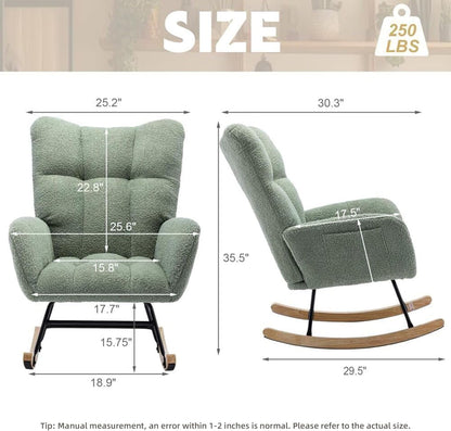 Nursery Rocking Chair Teddy Upholstered Glider Rocker Rocker Accent Chair with High Backrest Armchair Comfy Side Pocket Modern Rocking Accent Chairs for Living Room, Nursery, Office-Green