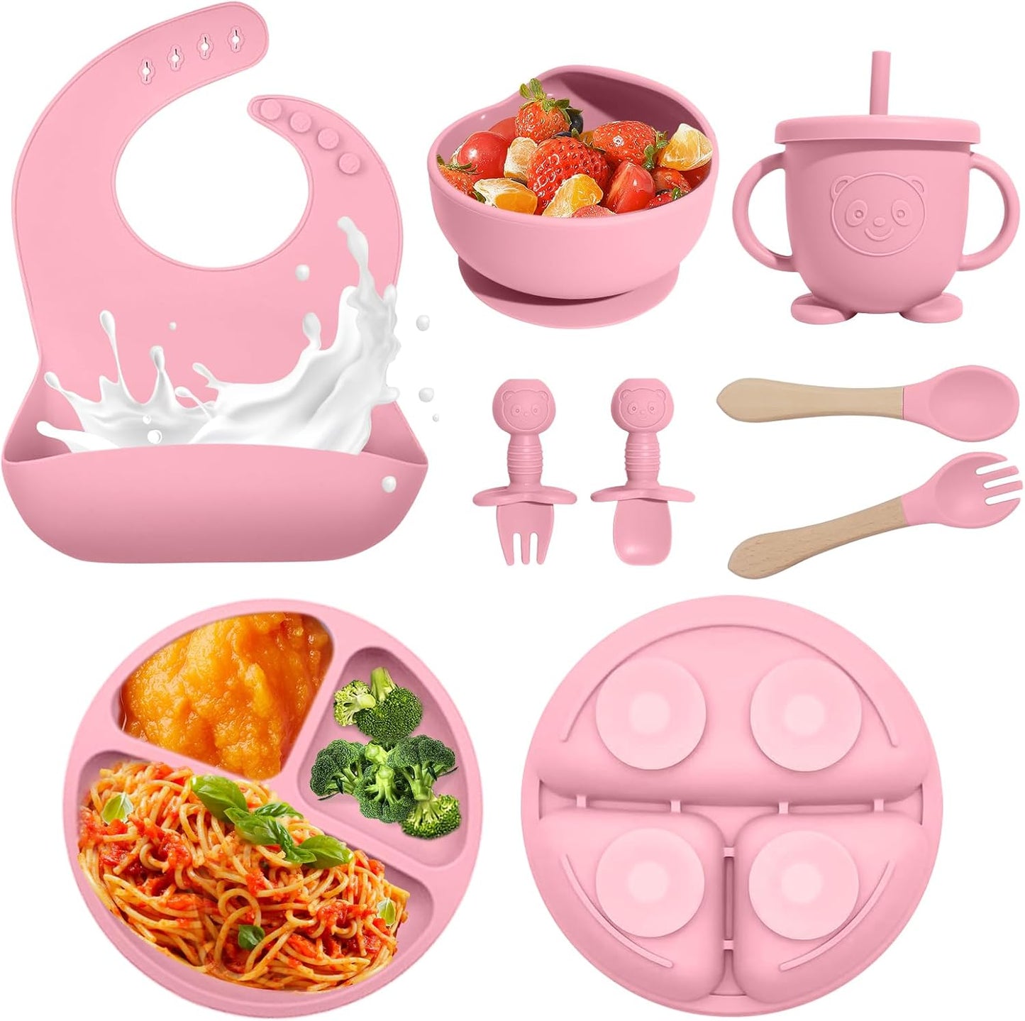 Baby Led Weaning Supplies, 17 Piece BPA-Free Silicone Feeding Set, Eating Essentials Baby Utensils with Suction Plate and Bowl, Pocket Bib, Sippy Cup with Lid, for 6+ Months, Blue