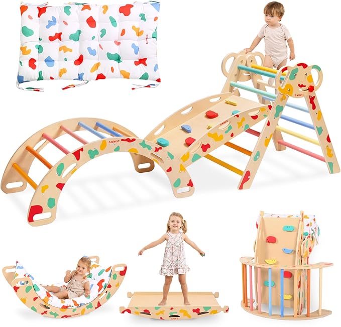WINGYZ Pikler Triangle Set, Montessori Foldable 8-in-1 Jungle Gym & Reversible Animal Slide, Patent-Protected Climbing Set, Safe 2.35" Gap ASTM F963 Standards for Toddlers 18 Months-7 Years (Rainbow)