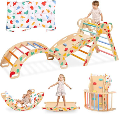 WINGYZ Pikler Triangle Set, Montessori Foldable 8-in-1 Jungle Gym & Reversible Animal Slide, Patent-Protected Climbing Set, Safe 2.35" Gap ASTM F963 Standards for Toddlers 18 Months-7 Years (Rainbow)