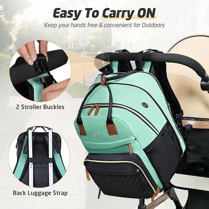 Diaper Bag Backpack - Extra Large Diaper Bag for 2 Kids Twin, Travel Baby Bags for Mom Dad 25-37L Expandable with Changing Pad Earphone Hole, Green Black