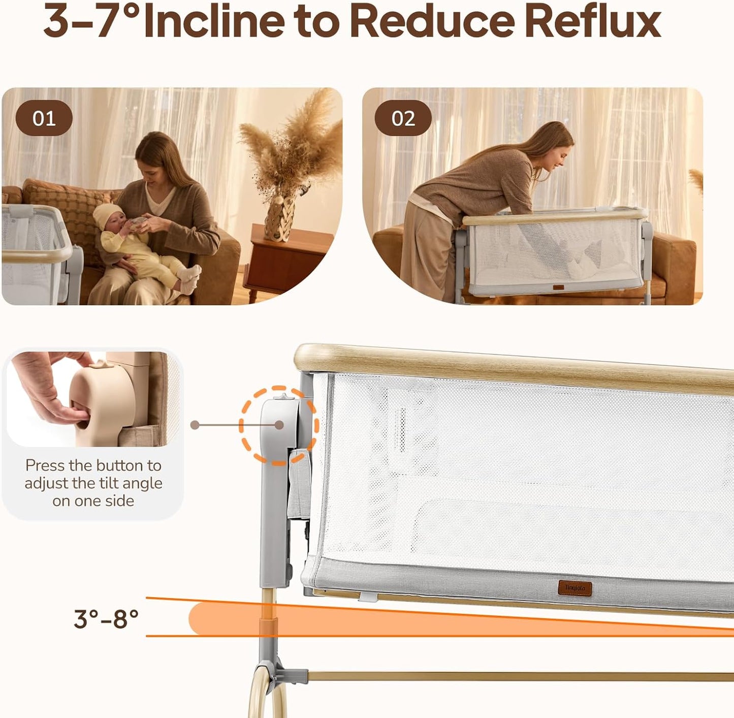 Tinyiota 3 in 1 Baby Bassinet,Rocking Bedside Crib Sleeper for Newborns,Adjustable Height Bassinet with Mattress and Soft,Breathable Sheet,Full-Mesh Sides,Stable&Cozy Crib for Babies
