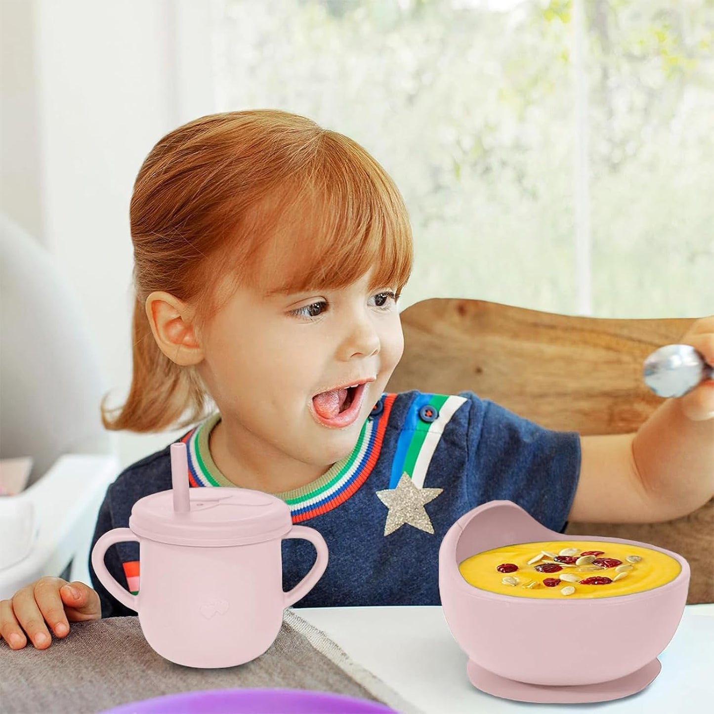100% Silicone Baby Feeding Set, BPA Free Baby Dishes with Suction Bowl, Divided Plate, Toddler Self Feeding Dish Set with Spoons, Forks, Sippy Cup and Bib, Baby Eating Utensils (Navy Blue)