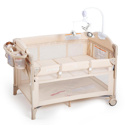 Rinnebbit Baby Bassinets Bedside Sleeper, 4 in 1 Portable Bedside Crib w/Mattress, Diaper Changer, Storage Basket, Music Box, Carry Bag, Foldable Playard Sleeper for Newborn (Light Gray)