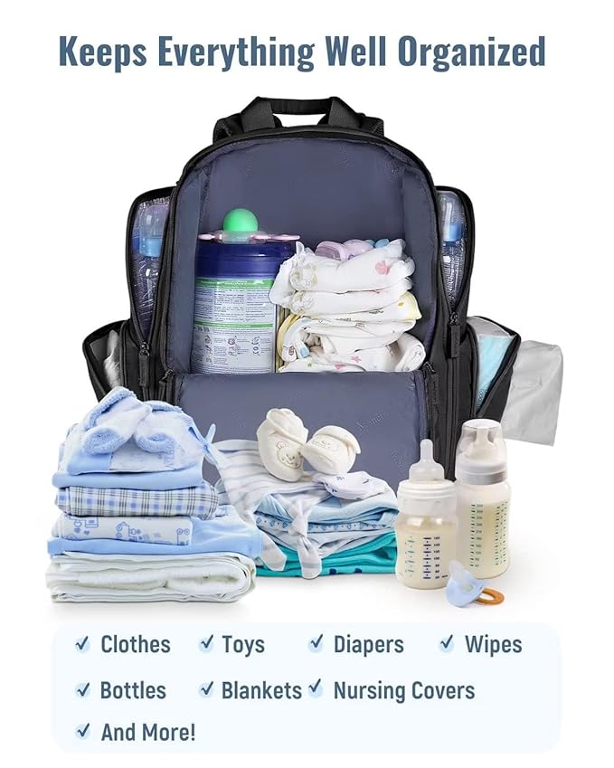 Mancro Diaper Bag Backpack, Multifunctional Baby Bag with Large Capacity and Waterproof Fabric,Diaper Backpack for Moms and Dads with 2 Side Insulated Pockets, Pink and Beige