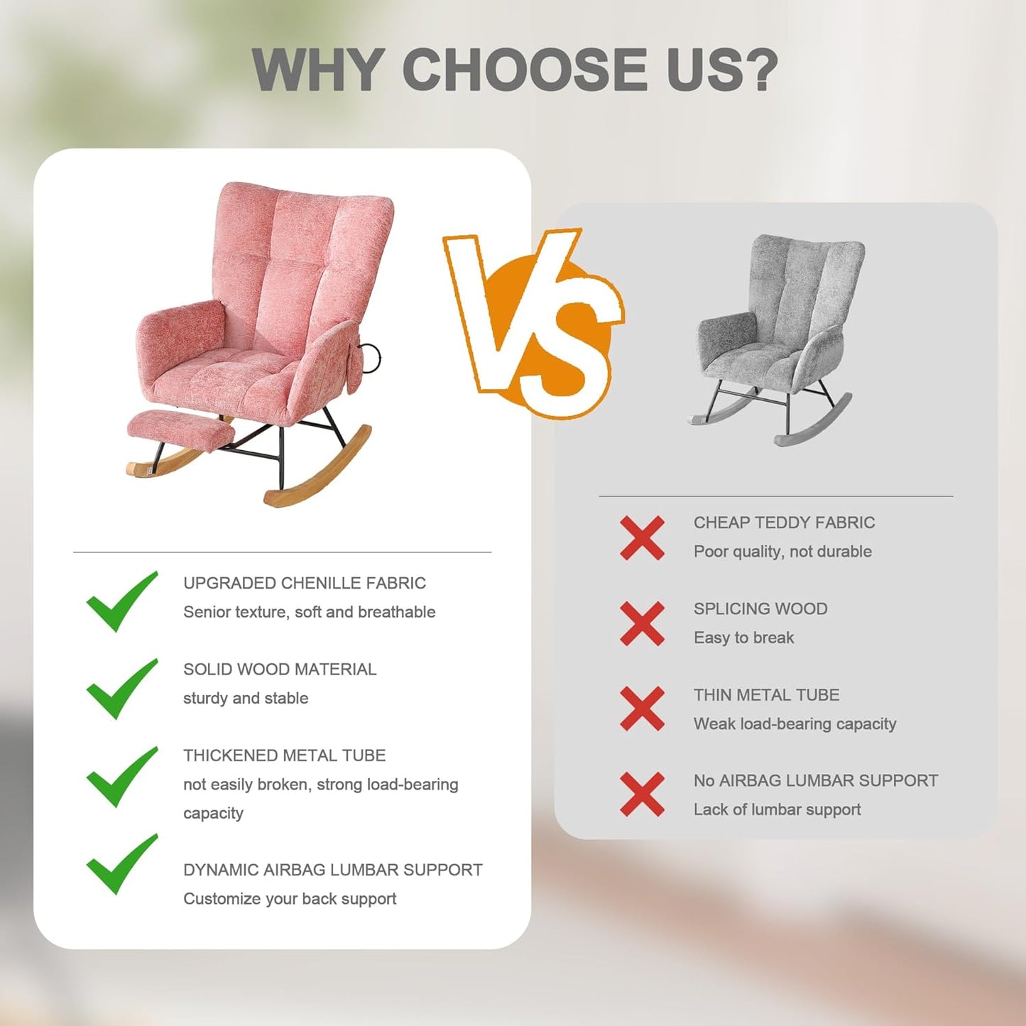 Rocking Chair Nursery with Airbag, Comfy Modern Nursery Rocking Reading Chair indoor with Footrest, Cozy Upholstered Glider Rocker Chairs for Living Room Bedroom Offices(Chenille, Dark Grey)