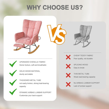 Rocking Chair Nursery with Airbag, Comfy Modern Nursery Rocking Reading Chair indoor with Footrest, Cozy Upholstered Glider Rocker Chairs for Living Room Bedroom Offices(Chenille, Dark Grey)