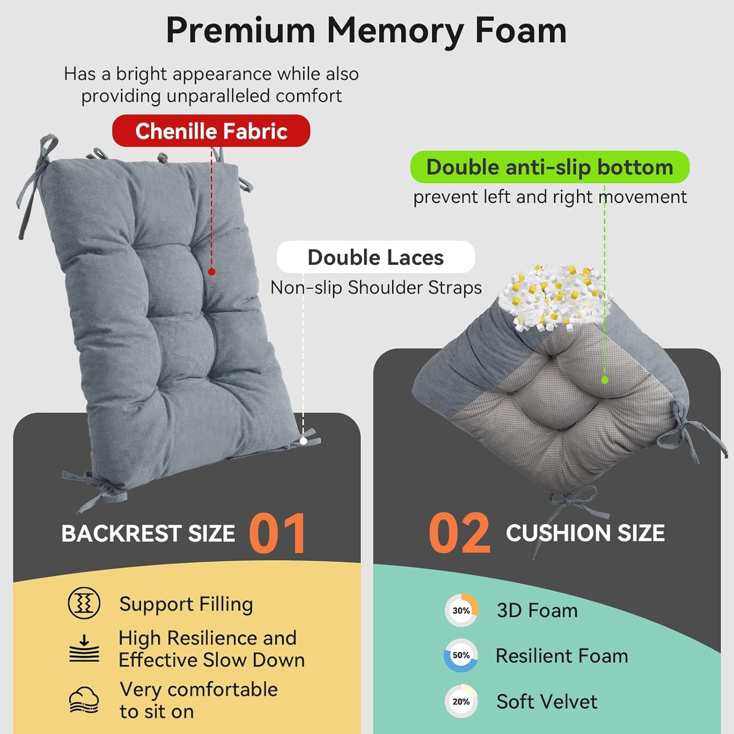 Millsilo Rocking Chair Cushions 3-Piece Set with Neck Pillow, Indoor Rocker Comfortable Tufted Non-Slip Pads with Ties, High-Density Foam Cushion for Adirondack Glider Chair, Orange, 52 x 19 x 4 Inch
