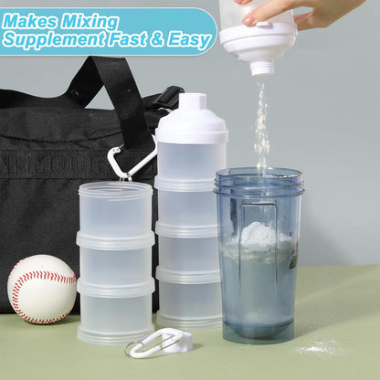 Baderke 2 Pcs Protein Powder Travel Container with Funnels Stand, 4 Layers Stackable Travel Powder Container Formula Supplement Organizer Storage Holder for Workout Fitness(Black)