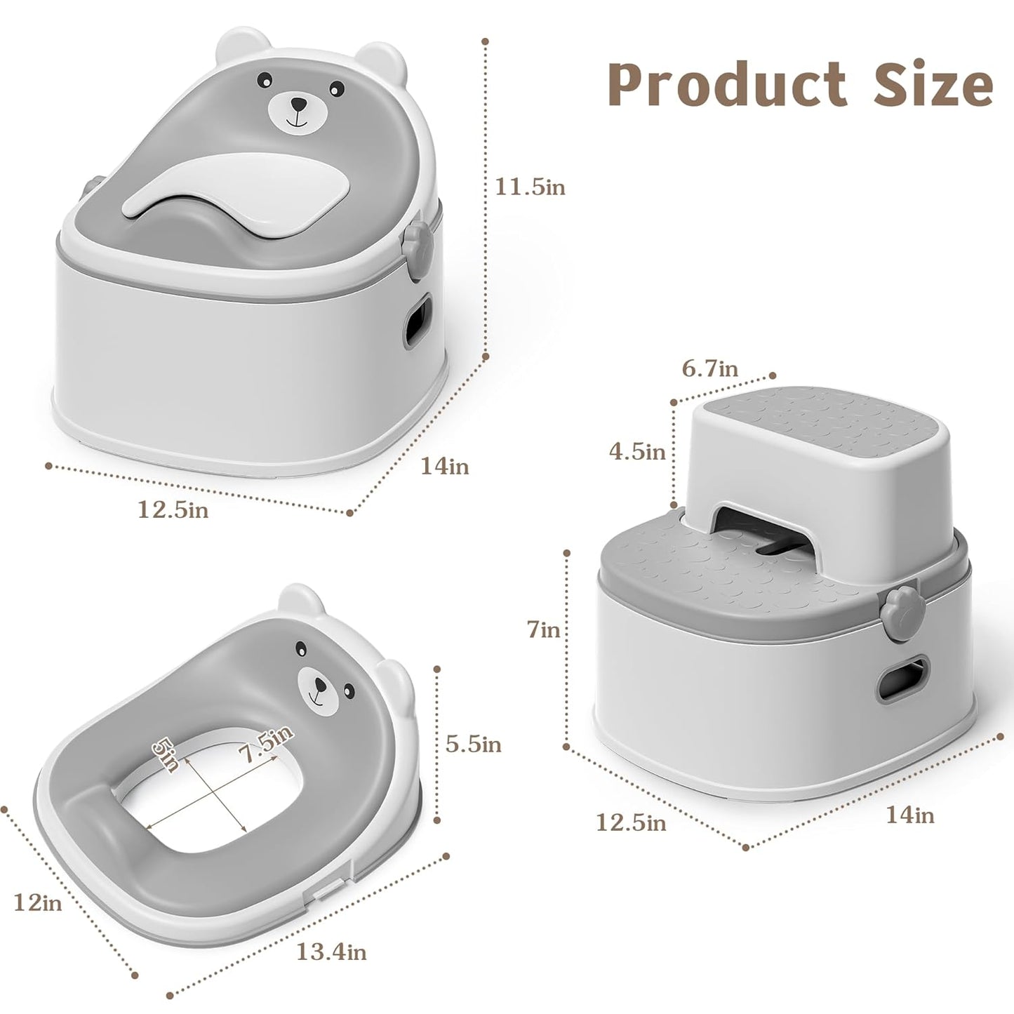 3-in-1 Potty Training Toilet, Portable Potty, Potty Training Seat and Toddler Step Stool, Easy Setup and Clean, Anti-Slip Toddler Potty Trainer for Boy Girl,Grey