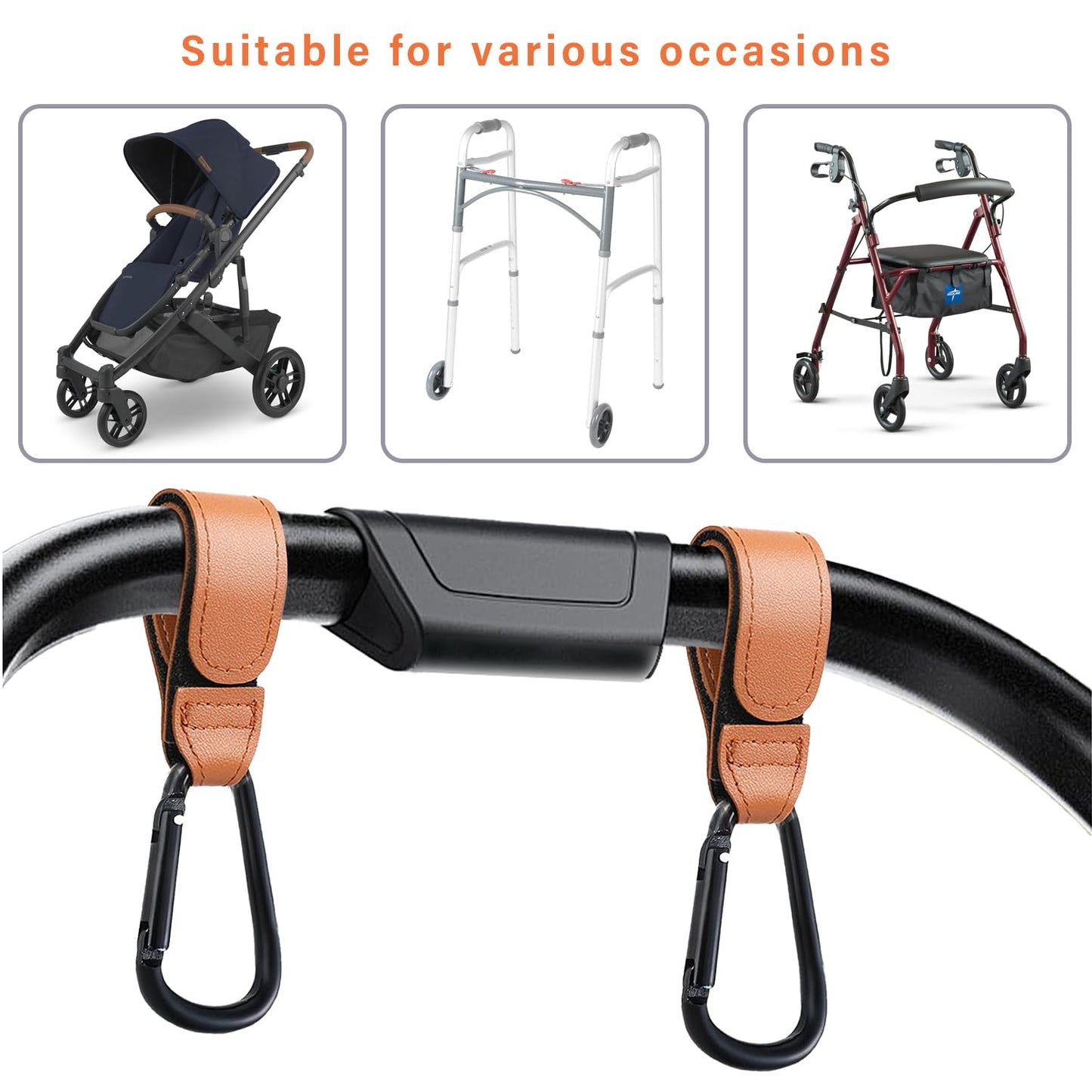 4 Pcs Leather Stroller Hook, Mommy Stroller Clip, Stroller Accessories Organizer Hook, Metal Hook for Strollers/Walkers/Mobility Scooter/Wheelchair/Rollator(Pink)