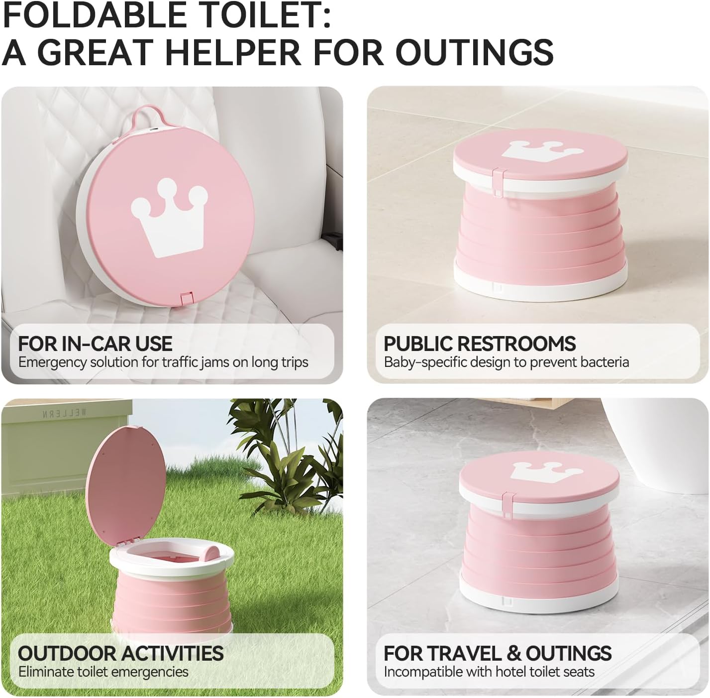 Portable Foldable Toddler Travel Potty - Medium Pink Potty Seat, Emergency Toilet for Car Camping Hiking, Lightweight Potty Chair for Indoor Outdoor Toddler Use