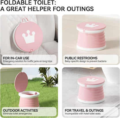 Portable Foldable Toddler Travel Potty - Medium Pink Potty Seat, Emergency Toilet for Car Camping Hiking, Lightweight Potty Chair for Indoor Outdoor Toddler Use