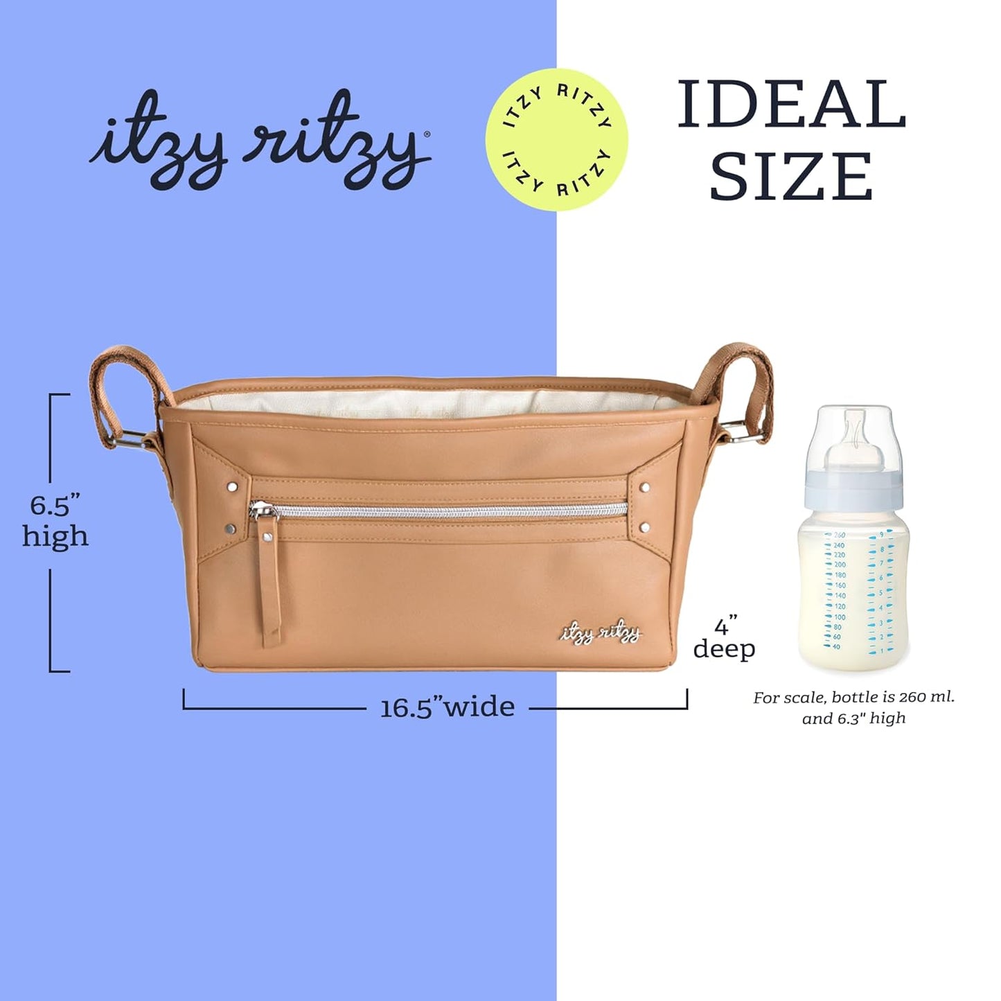 Itzy Ritzy Adjustable Stroller Caddy and Organizer Bag Featuring Front Zippered Pocket, 2 Built-In Interior Pockets & Adjustable Straps to Fit Nearly Any Stroller (Coffee and Cream)