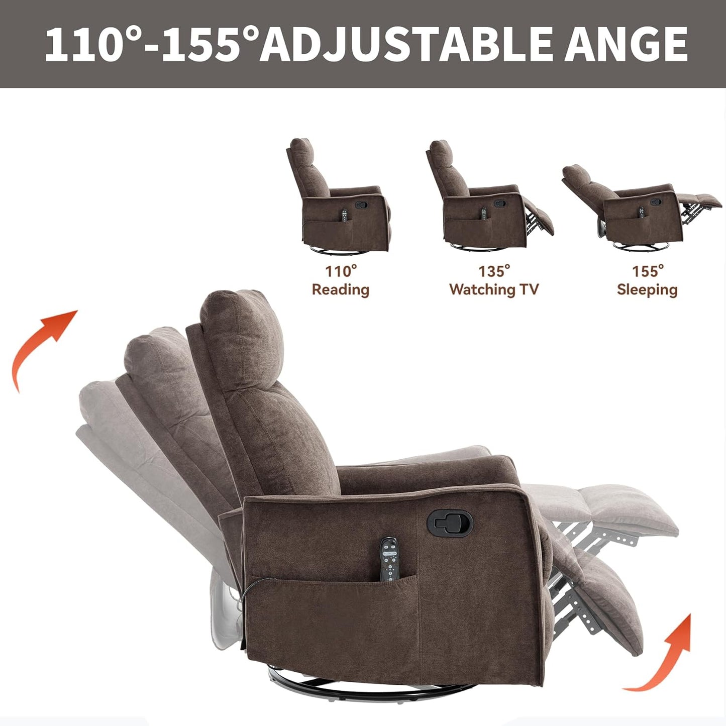 Swivel Rocker Recliner Chair for Adults, Nursery Rocking Chair with Heat and Massage, Glider Reclining Chair for Small Space Living Room Bedroom, Faux Leather Black