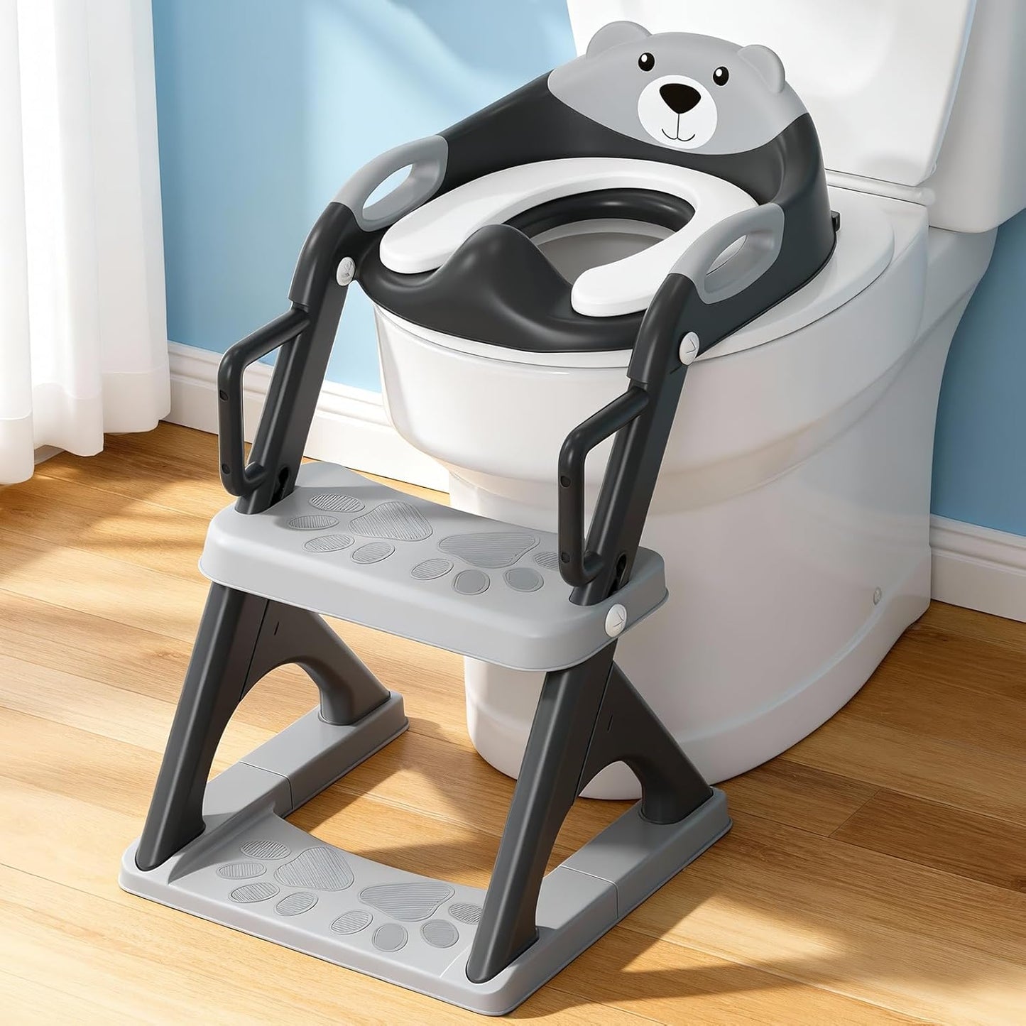 Potty Training Seat, SKYROKU Upgrade Toddler Toilet Seat for Kids Boys Girls, 2 in 1 Potty Training Toilet, Splash Guard Anti-Slip Pad Step Stool,New Sector-Shape Stabilized Base (8899+Grey)