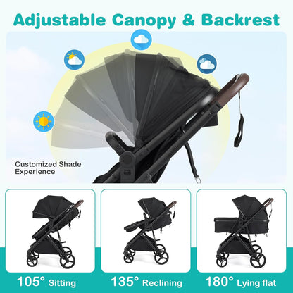 BABY JOY 2 in 1 Baby Stroller, High Landscape Convertible Bassinet Stroller with Reversible Seat, Net, Adjustable Canopy, Cup Holder, Foldable Pushchair Pram Stroller for Newborn Toddlers (Gray)