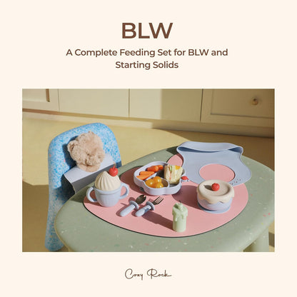 Silicone Baby Feeding Set, Gelato Collection Baby Led Weaning Supplies, First Self-Feeding Ice Cream Set, Silicone Suction Bowl with Cherry Lid & Plate, Straw Cup & Bib, Fork & Spoon - Pink