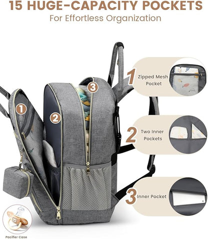 Pritent Diaper Bag Backpack,Baby Essentials Diapers Bag with Pacifier Case,Multipurpose Stylish Large Capacity Travel Backpack for Baby Girl/Boy(L-Grey)