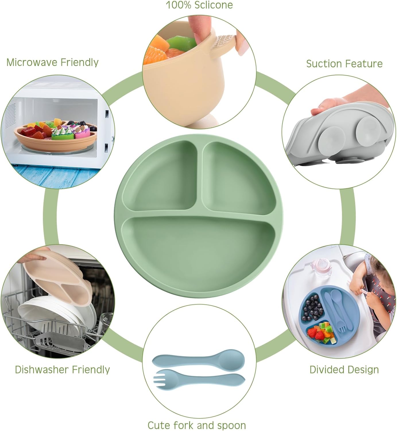 Dandat 24 Pcs Silicone Baby Feeding Set,6 Baby Toddler Suction Bowls 6 Divided Suction Plates with 6 Forks 6 Spoons, Utensils Set for Weaning Infant Feeding and Eating, 6 Styles (Elegant Color)