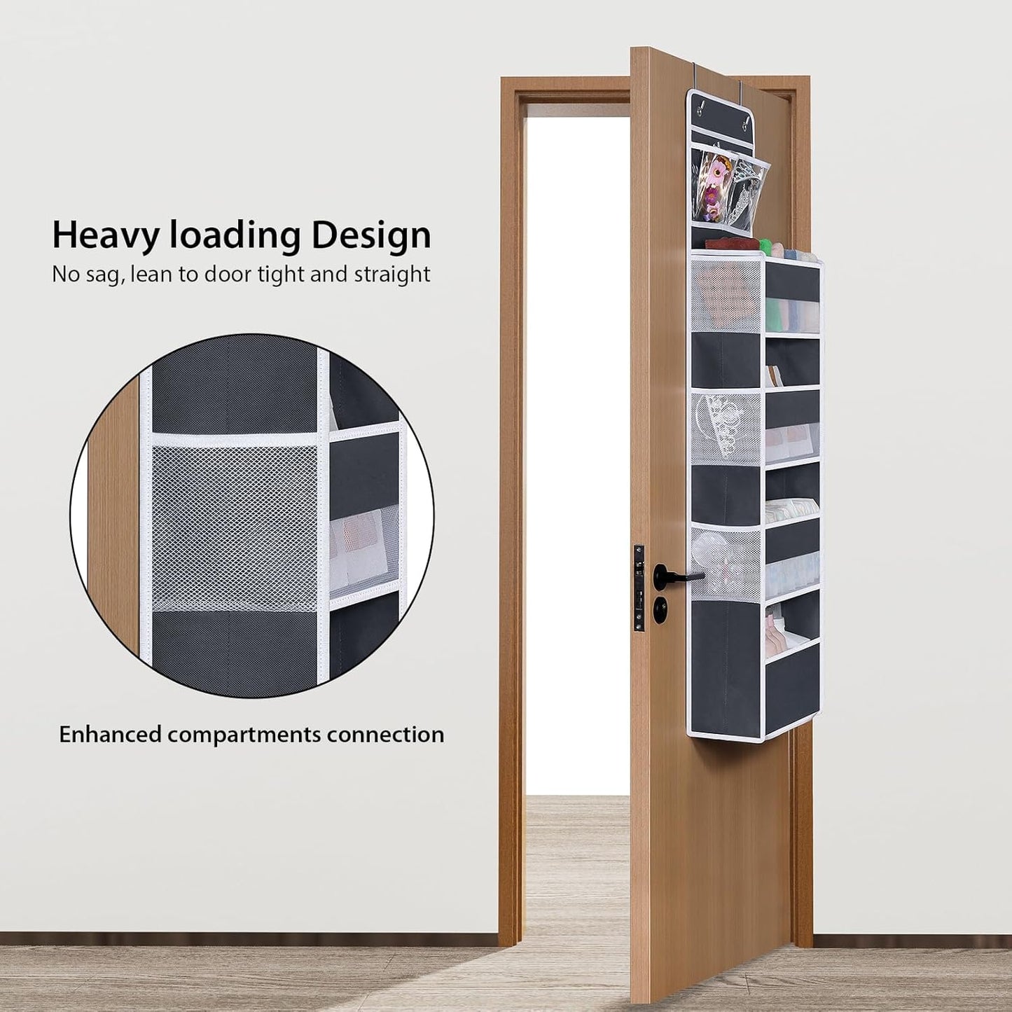 Univivi Over The Door Organizer, 5 Shelf Door Hanging Organizer Nursery Door Storage with 4 Large Compartments and 2 Small PVC Pockets 6 Side Pockets for Bathroom,Cosmetics and Nursery Baby Essential