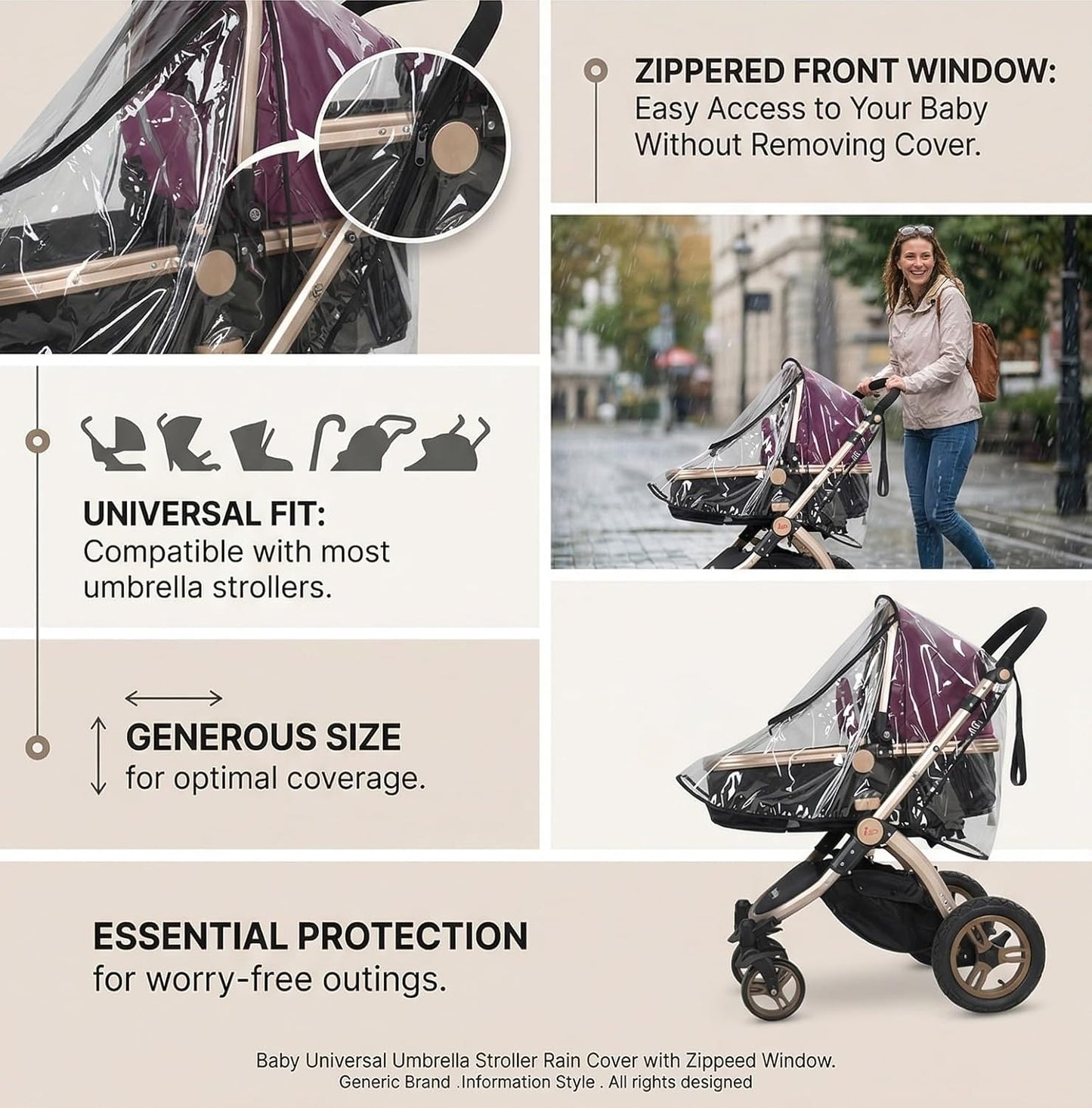 Baby Stroller Rain Cover Transparent PVC with Zipper Window Suitable for General Umbrella Strollers