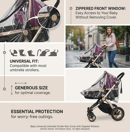 Baby Stroller Rain Cover Transparent PVC with Zipper Window Suitable for General Umbrella Strollers