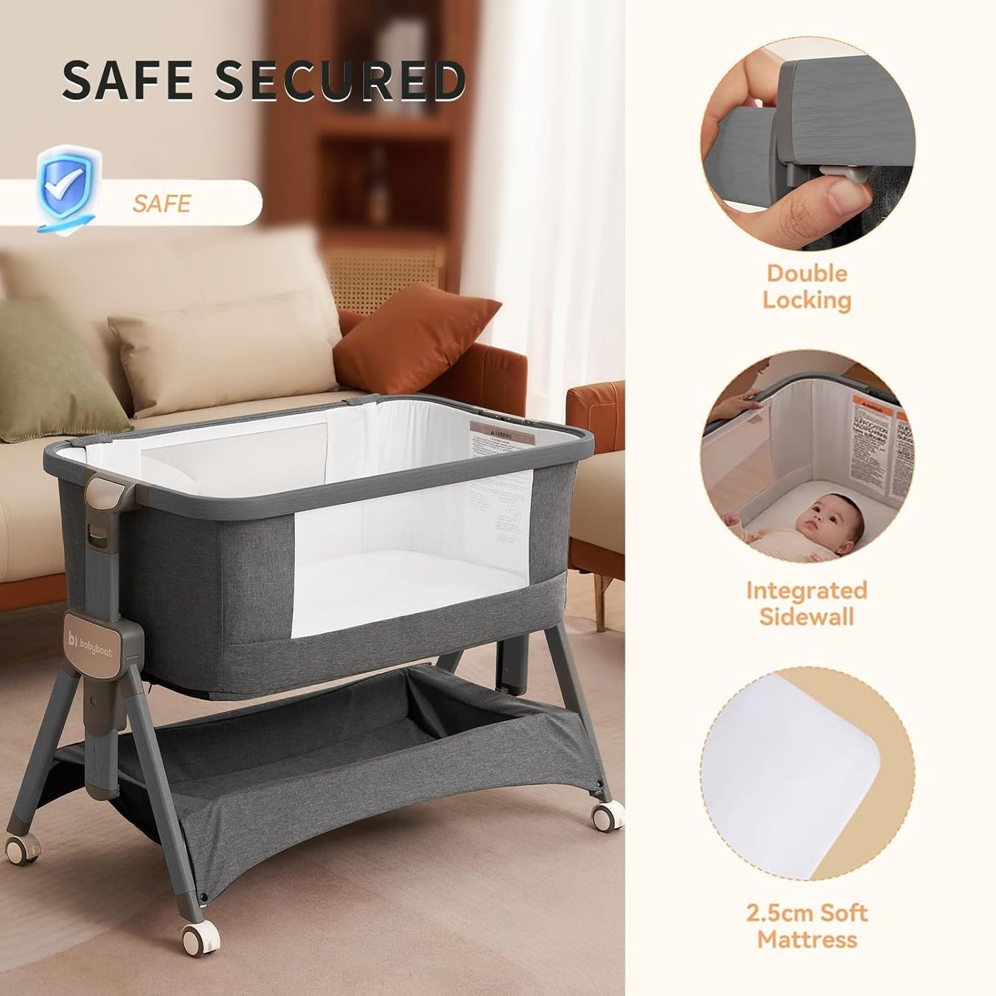 babyboat Baby Bassinet Bedside Sleeper 3 in 1 Collapsible Portable Crib with Storage Basket, Movable Wheels 5 Height Adjustable Co-Sleeper for Newborns - Grey | Soft Mattress, Collapsible Portable