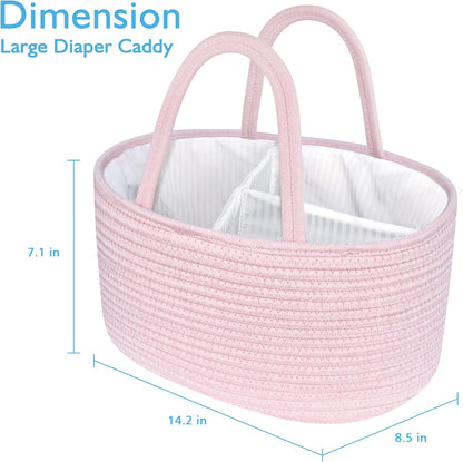 ABenkle Diaper Caddy Organizer - Cotton Rope Nursery Storage Basket for Baby Essentials, Boys & Girls Shower Gift, Changing Table Organizer, Pink