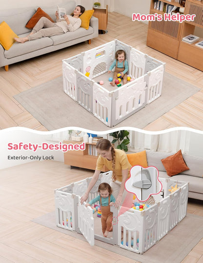 Baby Playpen, Dripex Baby Playard for Babies and Toddlers, 14-Panel Foldable Playpen Adjustable Portable Play Area, Indoor/Outdoor Kids Active Center with Game Panel & Safety Gate, Grey White