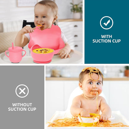 100% Silicone Baby Feeding Set, BPA Free Baby Dishes with Suction Bowl, Divided Plate, Toddler Self Feeding Dish Set with Spoons, Forks, Sippy Cup and Bib, Baby Eating Utensils (Navy Blue)