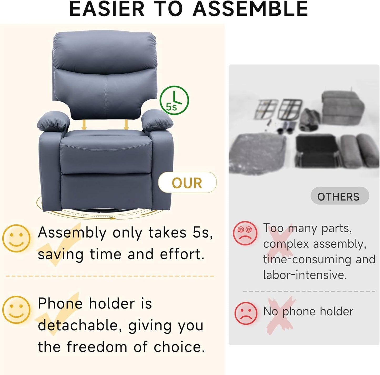 Oversized Swivel Rocking Chair, Manual Large Rocker Recliner Chairs for Adults, Corduroy Nursery Glider Barrel Chair with 2 Pillows, Wide Recliner for Living Room, Bedroom, Nursery, White