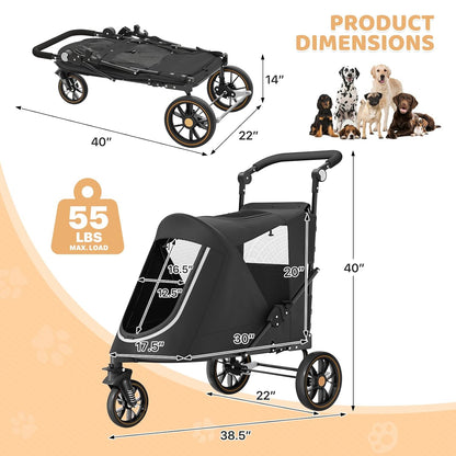 Magshion Compact Pet Stroller for Small-Medium Dogs/Cats up to 22lbs, 4-Wheel Lightweight Umbrella Shaped Portable Puppy Travel Jogger with Breathable Mesh, Cup Holder & Rear Storage, Black