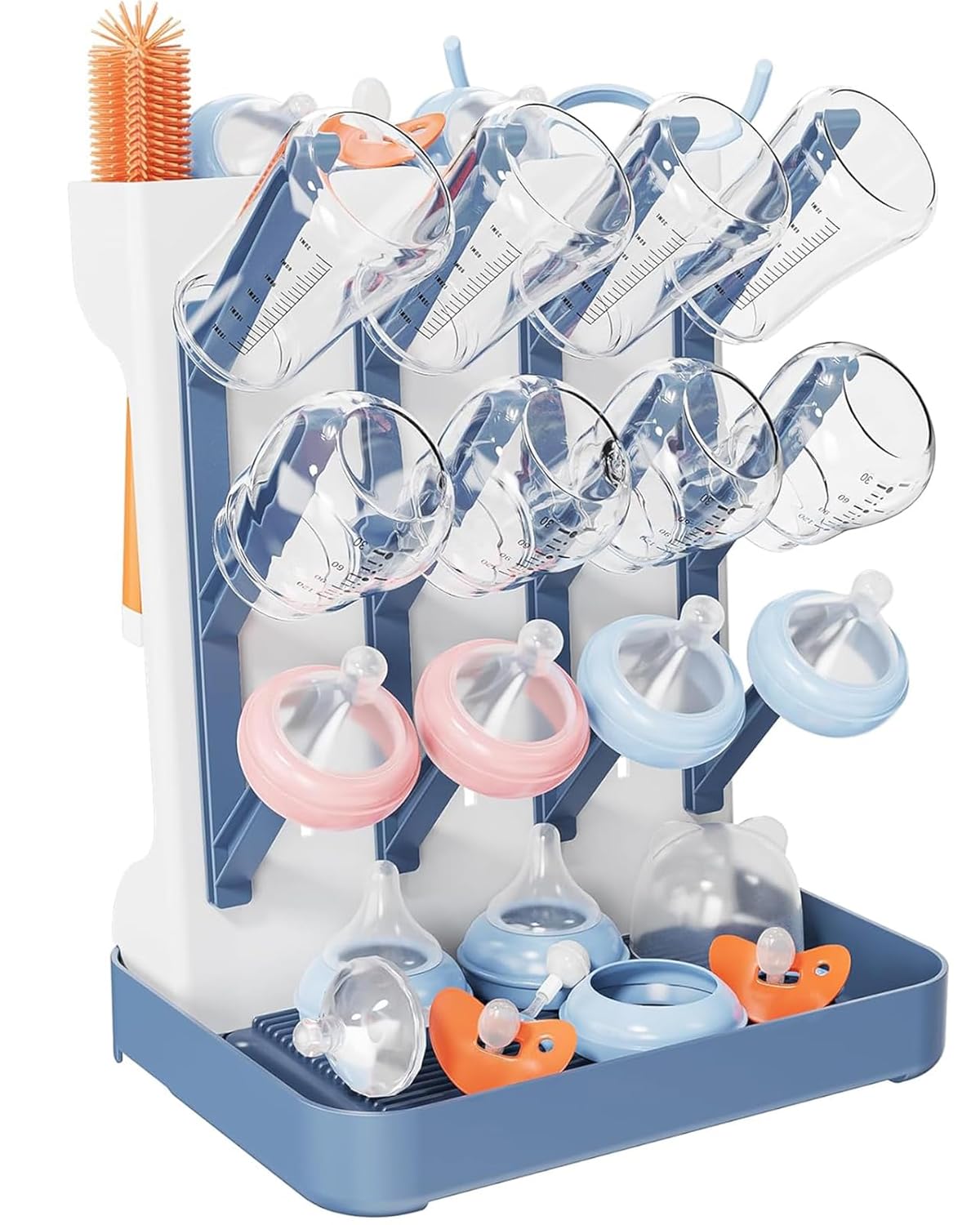 Baby Bottle Drying Rack, Vertical Bottle Rack Dryer Space Saving Bottle Drying Rack Countertop Organizer with Brush Holder for Bottles & Baby Accessories Pacifiers and Pump Part- BPA-Free(Blue)