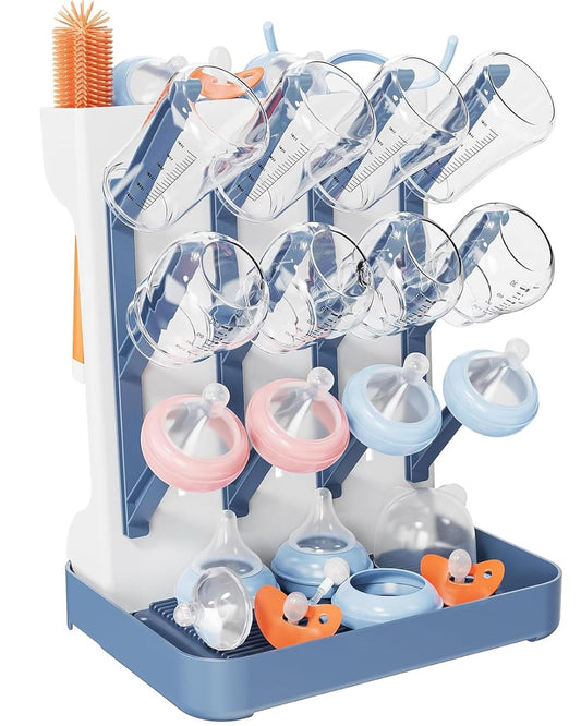Baby Bottle Drying Rack, Vertical Bottle Rack Dryer Space Saving Bottle Drying Rack Countertop Organizer with Brush Holder for Bottles & Baby Accessories Pacifiers and Pump Part- BPA-Free(Blue)