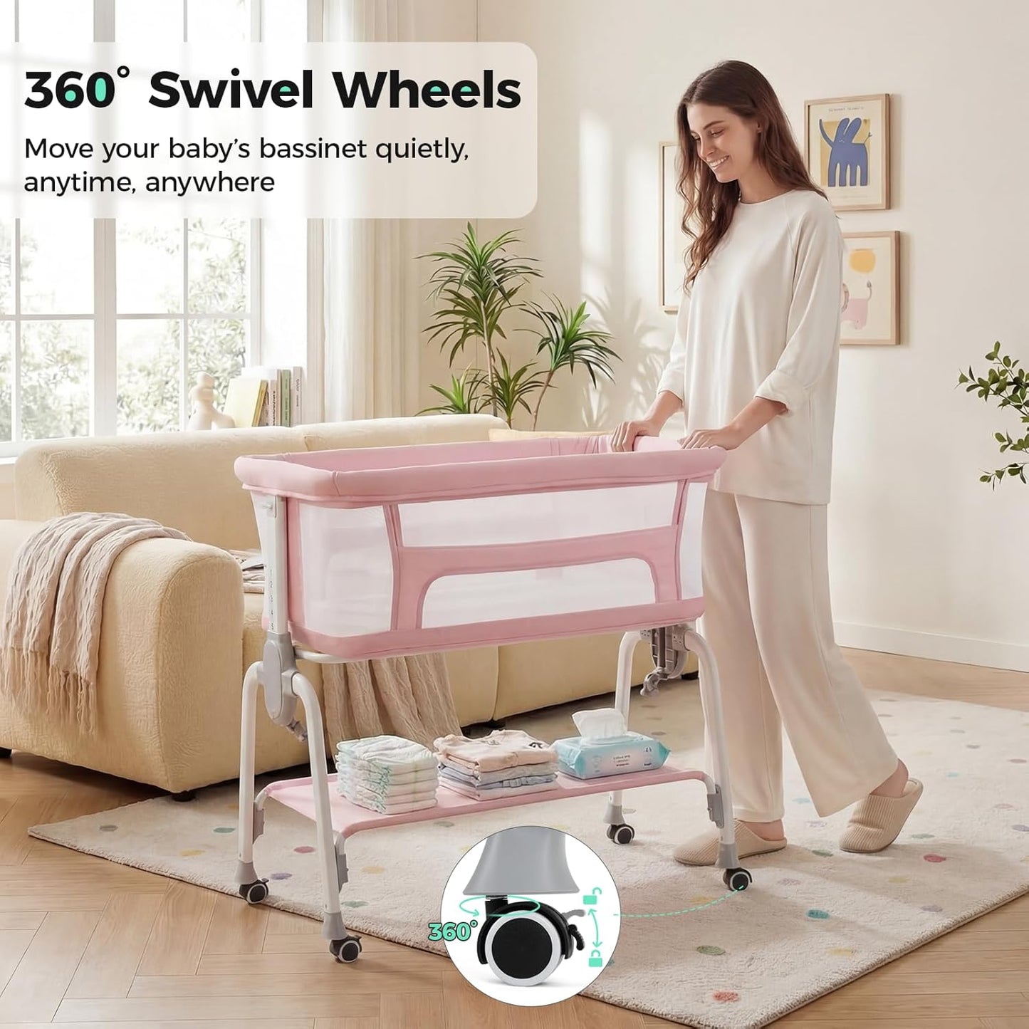Cowiewie Bassinet Bedside Sleeper, Breathable Baby Bedside Bassinet and Mattress, Lightweight and Portable for Bedside Sleeping, Light Grey