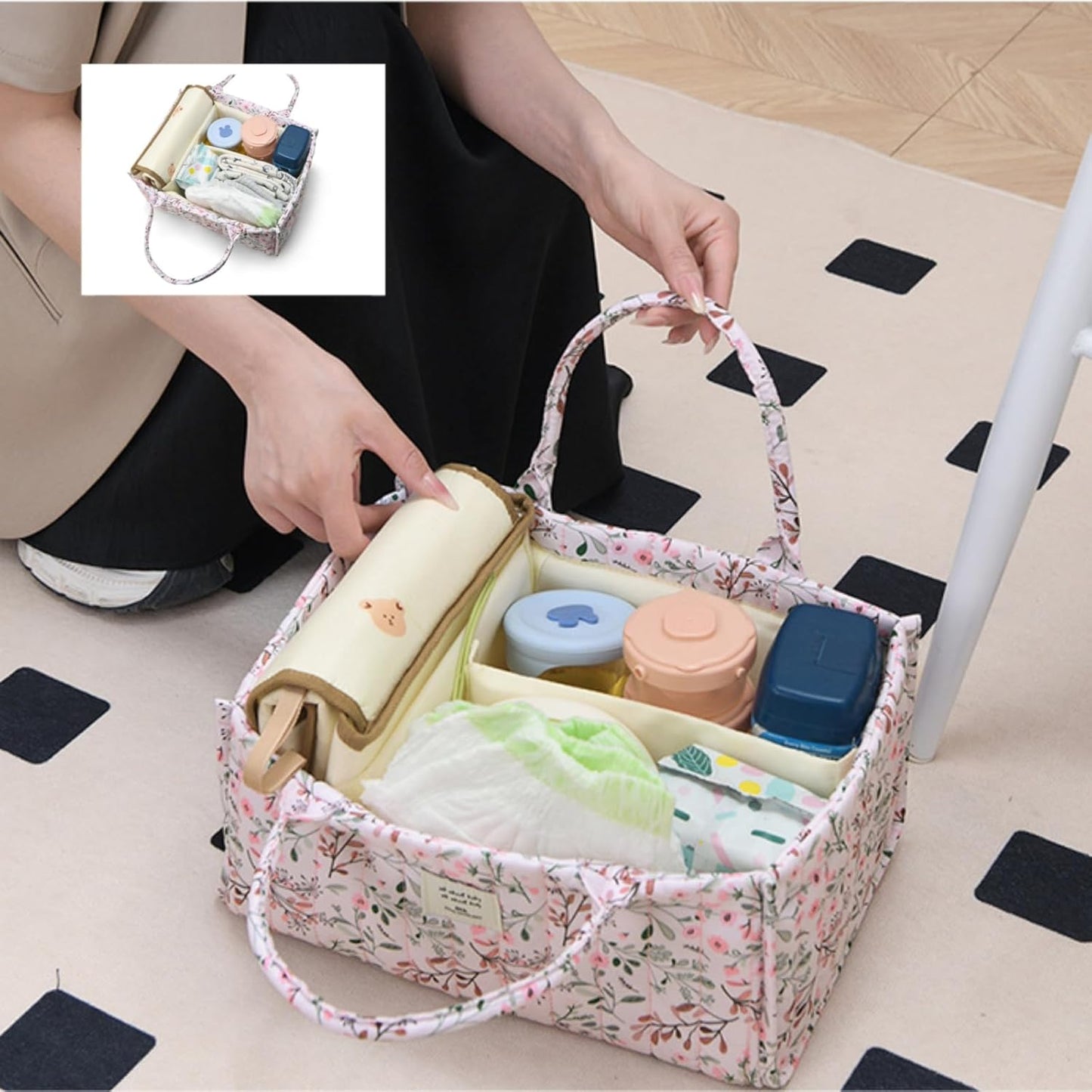 Diaper Caddy Organizer,Cute Floral Nursery Storage Basket,Soft Portable Changing Table Car Caddy Organizer Gift (Floral B)
